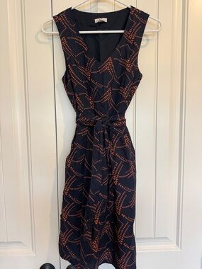 LL BEAN Signature Navy Midi Dress with Coral Leaf Motif and Self Tie NWOT